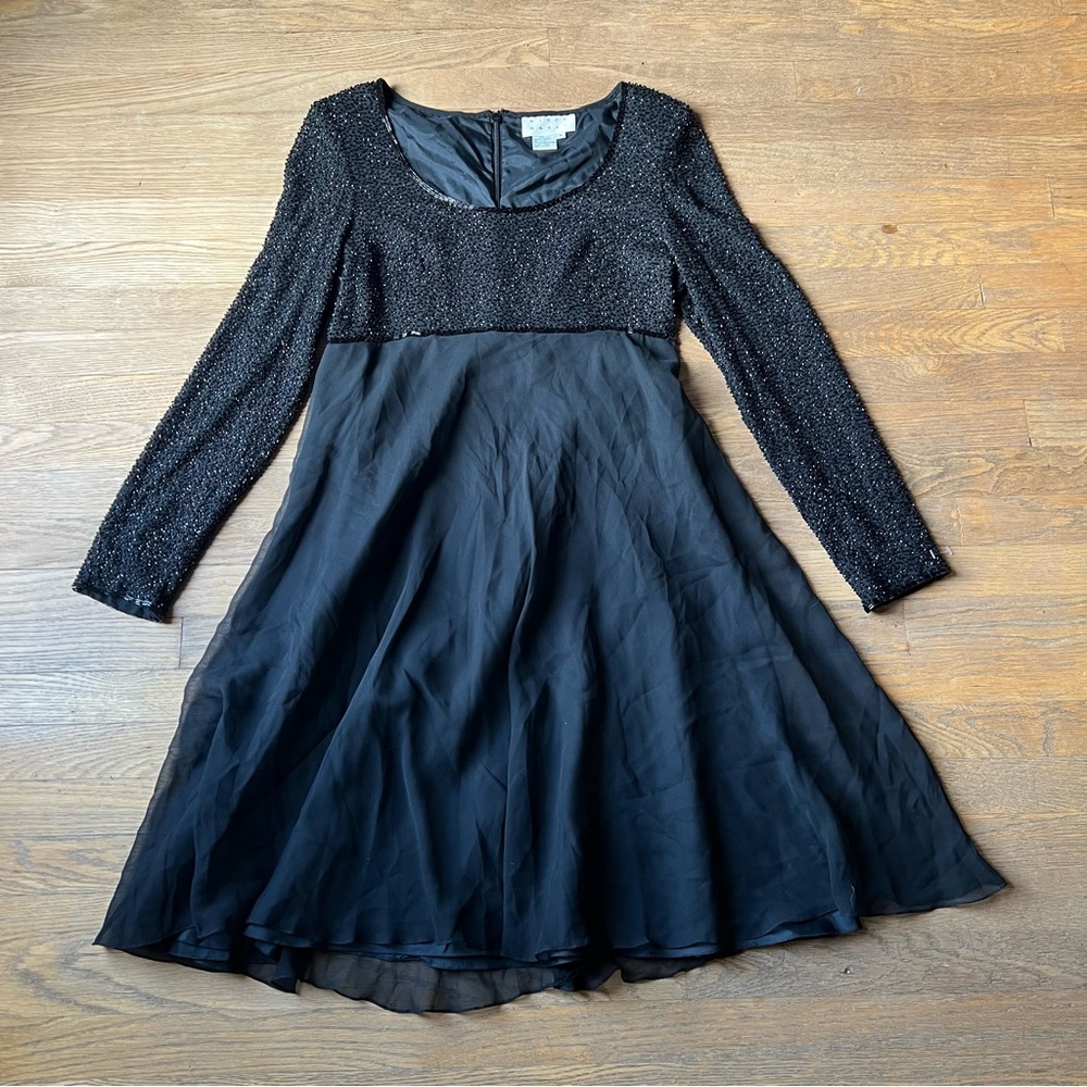 Women’s Elegant Vintage Bieff Basix Black Beaded Silk Formal Dress Gown size 8